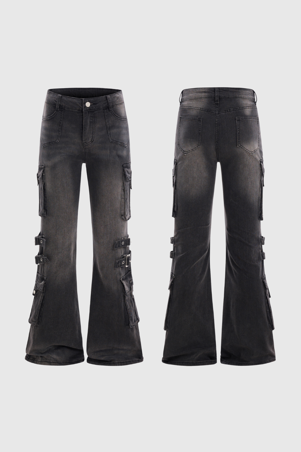 Calleigh Print Buckle Cargo Bootcut Jeans In Black