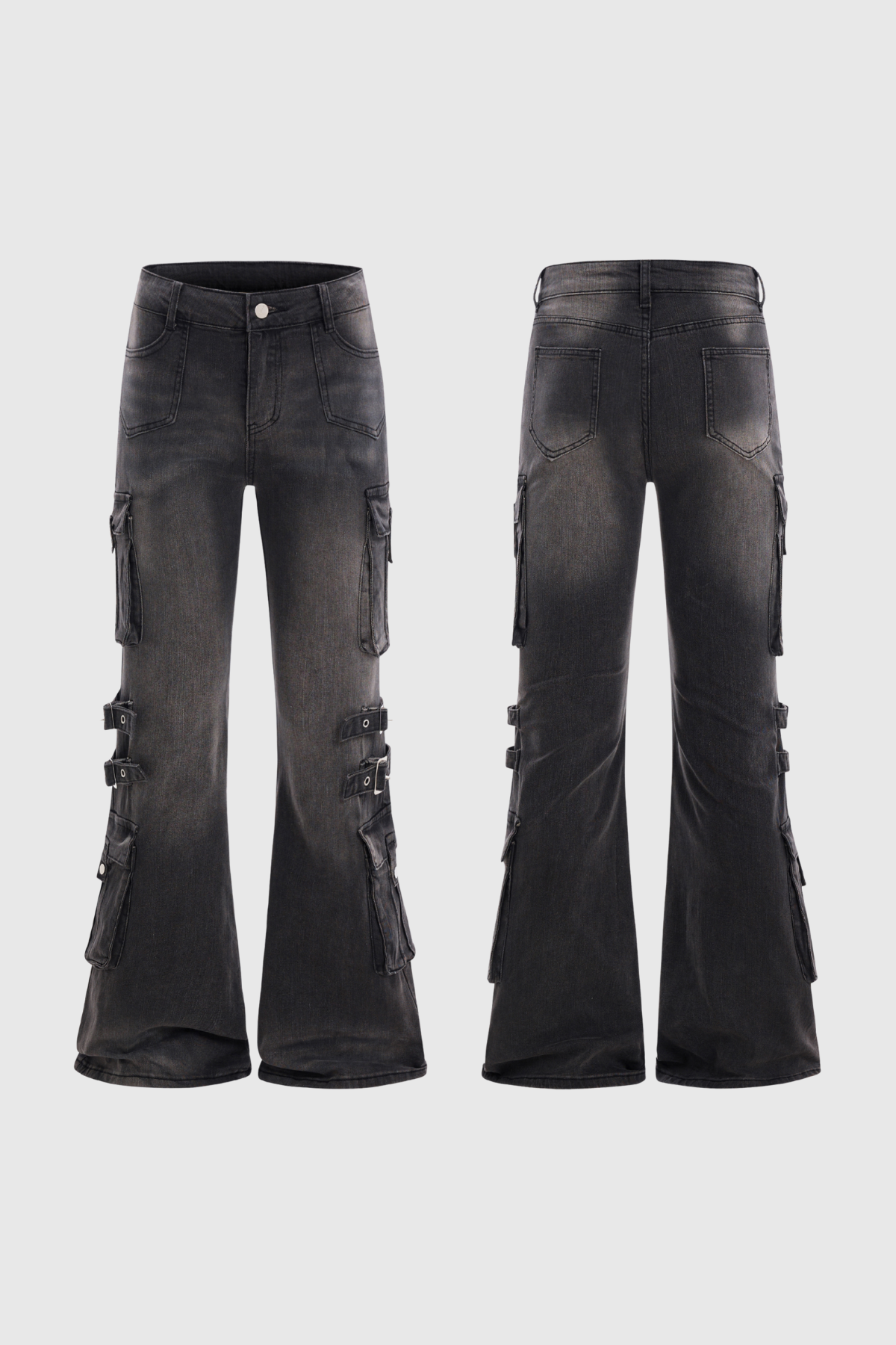 Calleigh Print Buckle Cargo Bootcut Jeans In Black