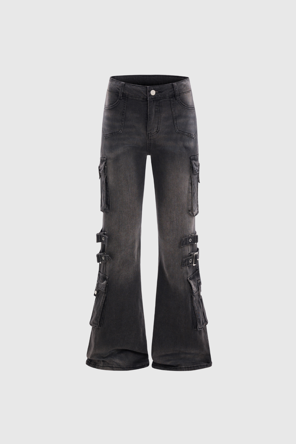 Calleigh Print Buckle Cargo Bootcut Jeans In Black
