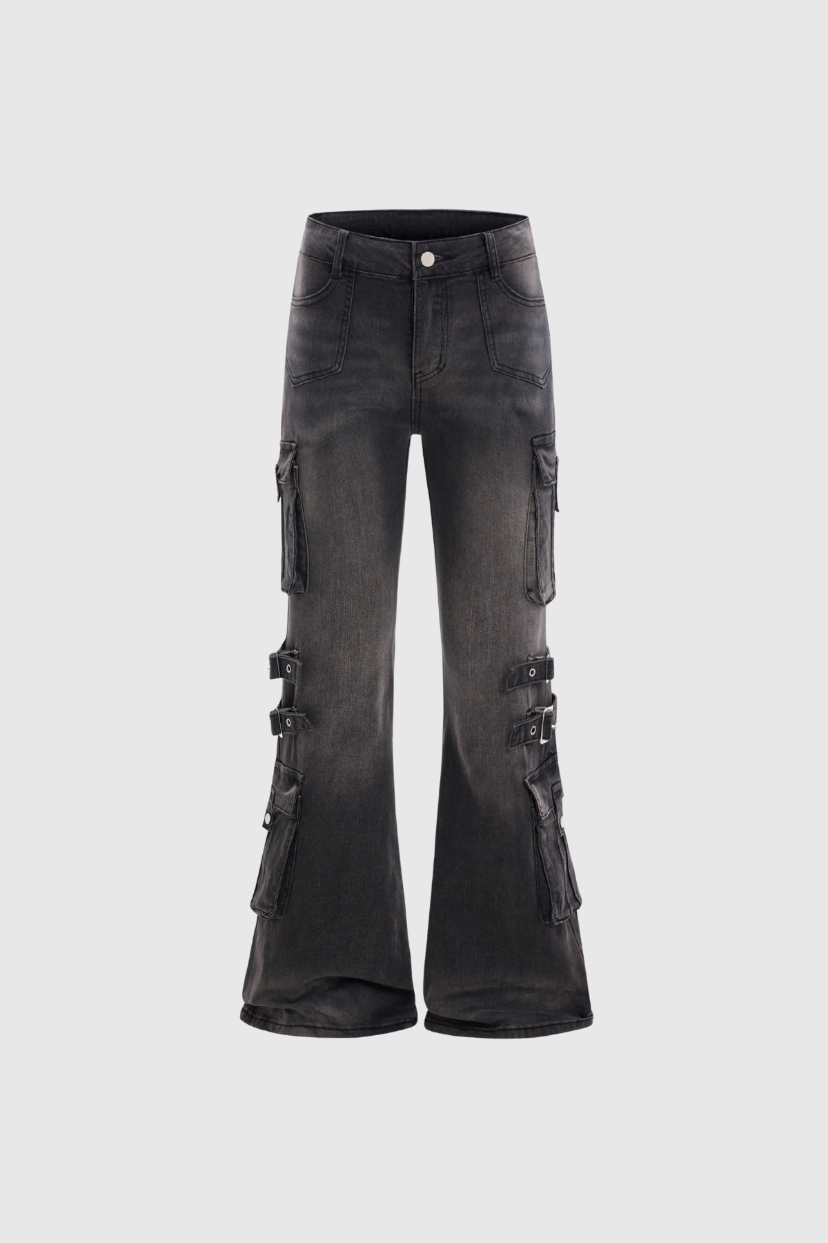 Calleigh Print Buckle Cargo Bootcut Jeans In Black