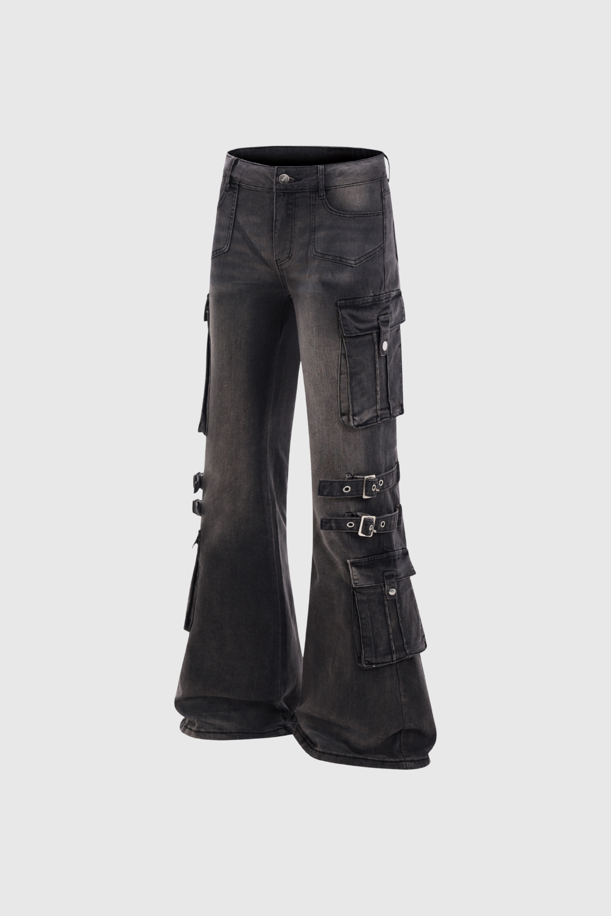 Calleigh Print Buckle Cargo Bootcut Jeans In Black