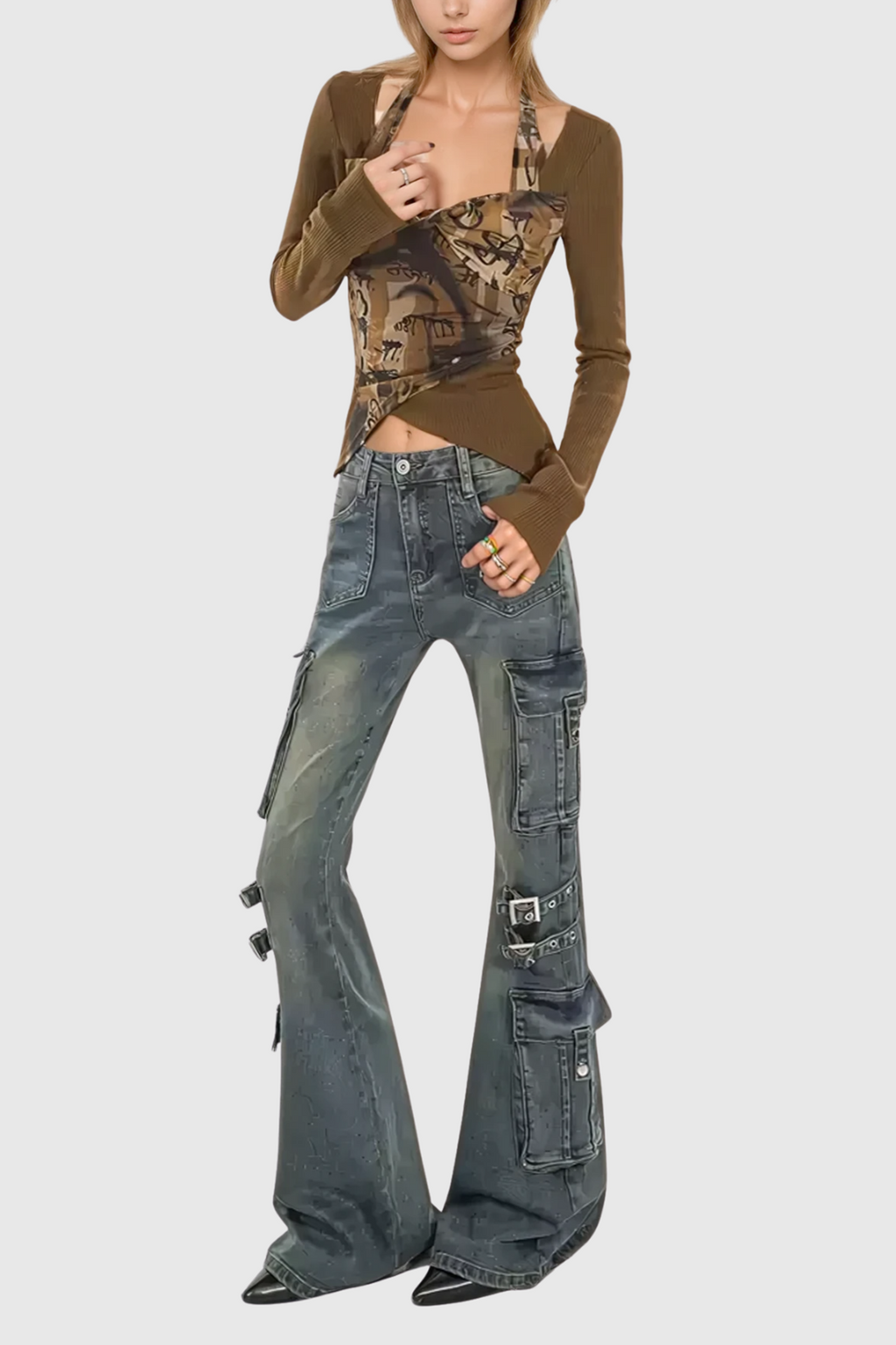 Calleigh Print Buckle Cargo Bootcut Jeans In Blue