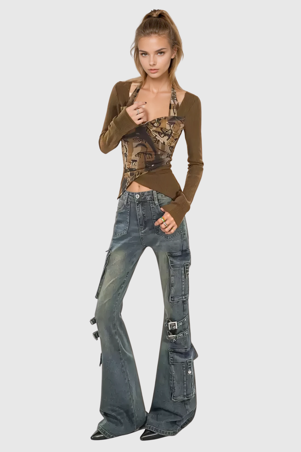 Calleigh Print Buckle Cargo Bootcut Jeans In Blue