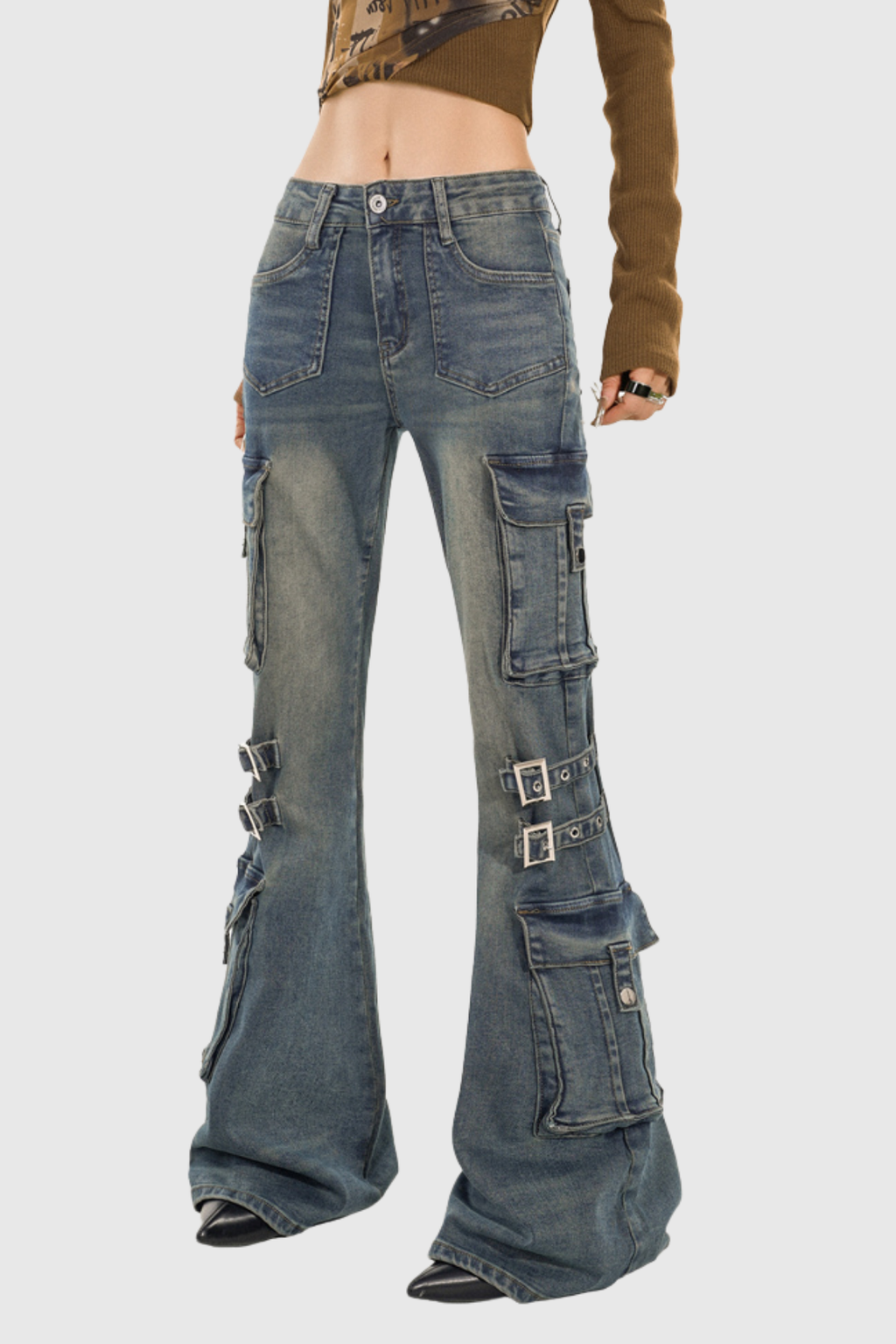 Calleigh Print Buckle Cargo Bootcut Jeans In Blue