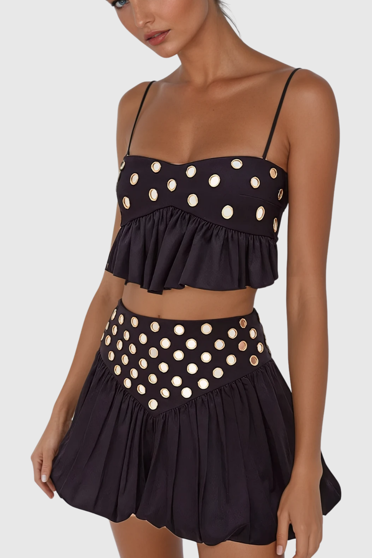 Calogera Cutout Embellished Ruch Skirt Set In Black