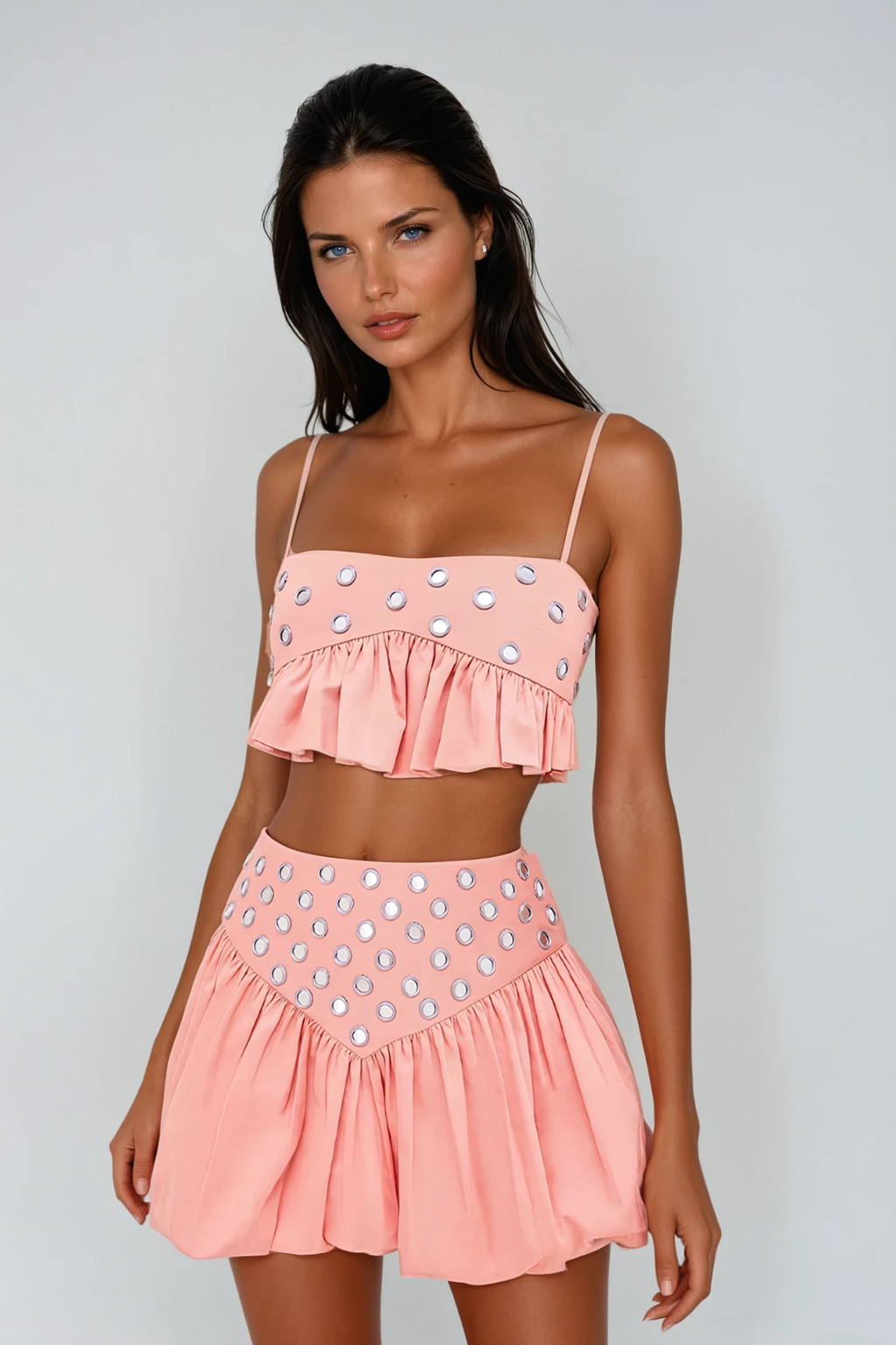 Calogera Cutout Embellished Ruch Skirt Set In Pink