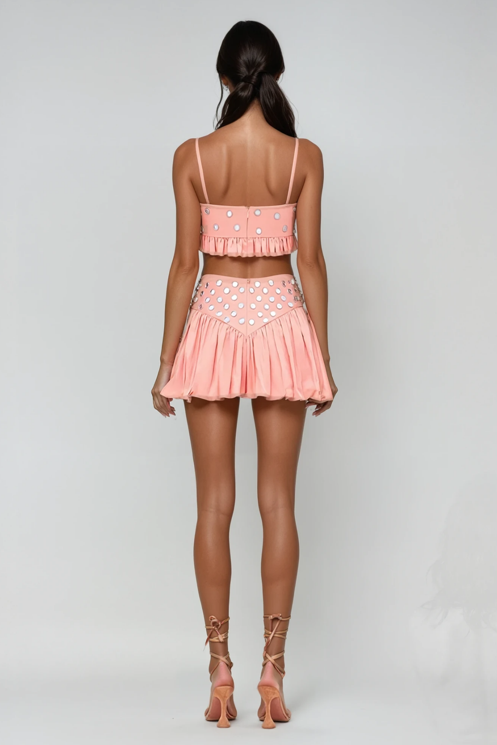 Calogera Cutout Embellished Ruch Skirt Set In Pink