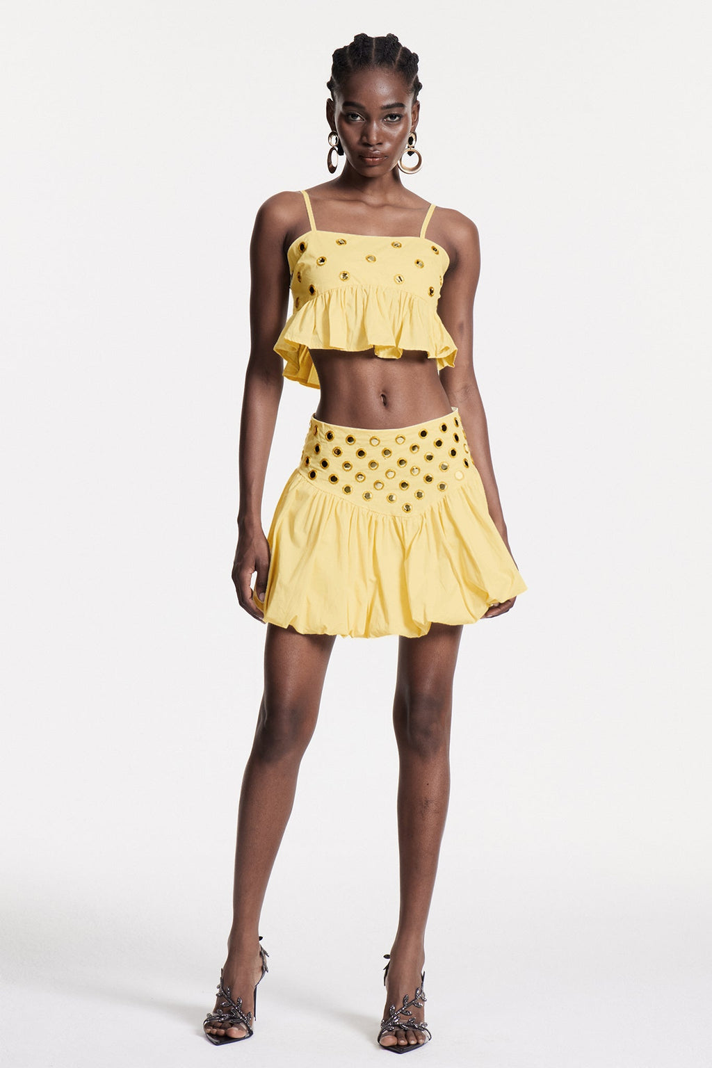 Calogera Cutout Embellished Ruch Skirt Set In Yellow