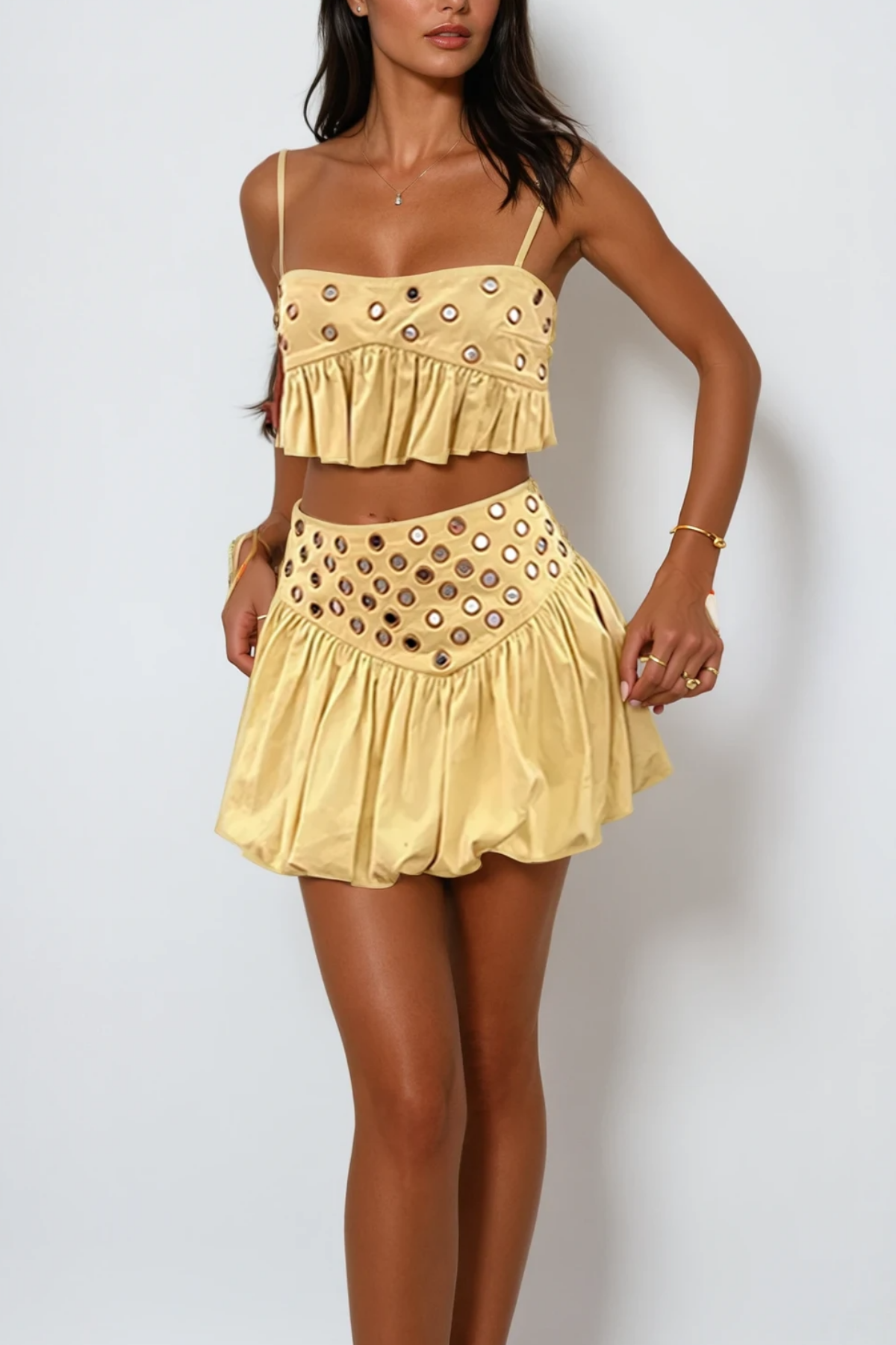 Calogera Cutout Embellished Ruch Skirt Set In Yellow