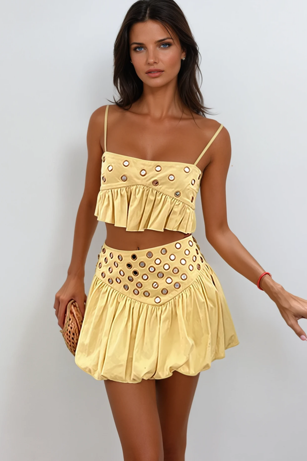 Calogera Cutout Embellished Ruch Skirt Set In Yellow