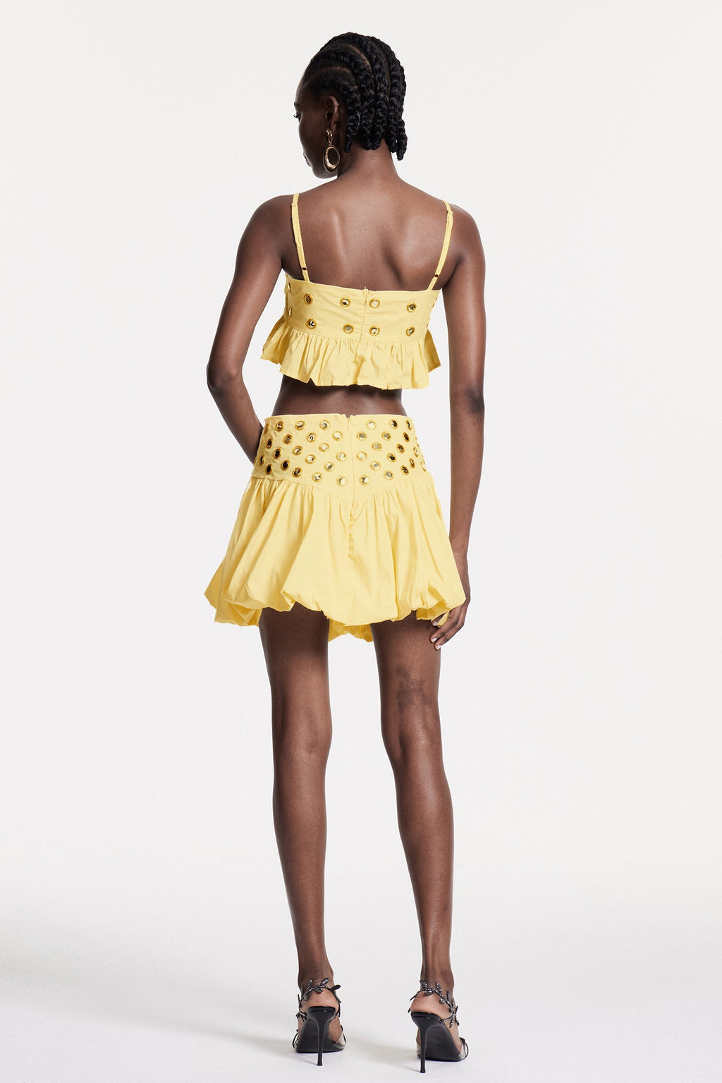 Calogera Cutout Embellished Ruch Skirt Set In Yellow