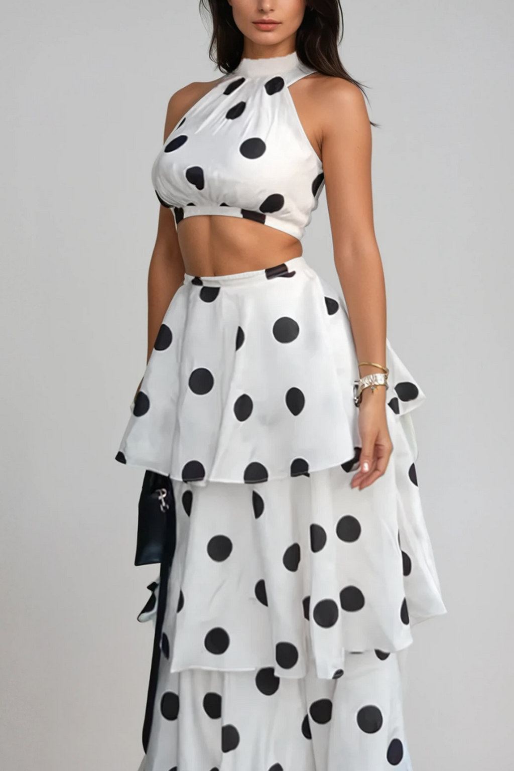 Camal Dot Ruffle Skirt Set