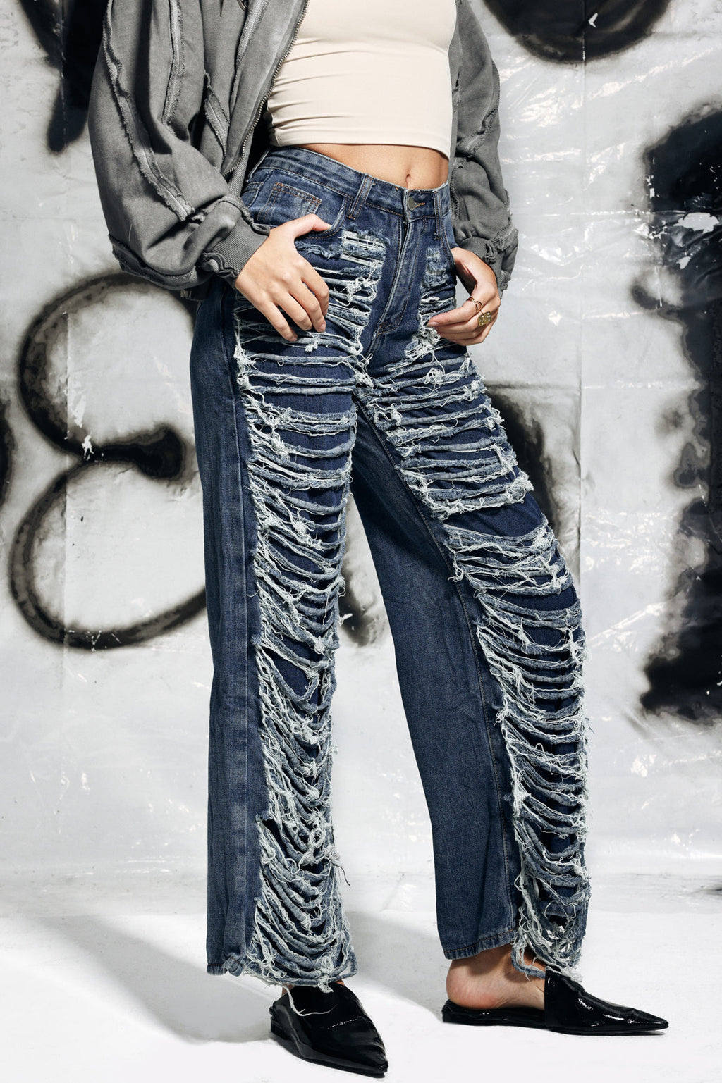 Campbell Torn Fringe Jeans In Blue