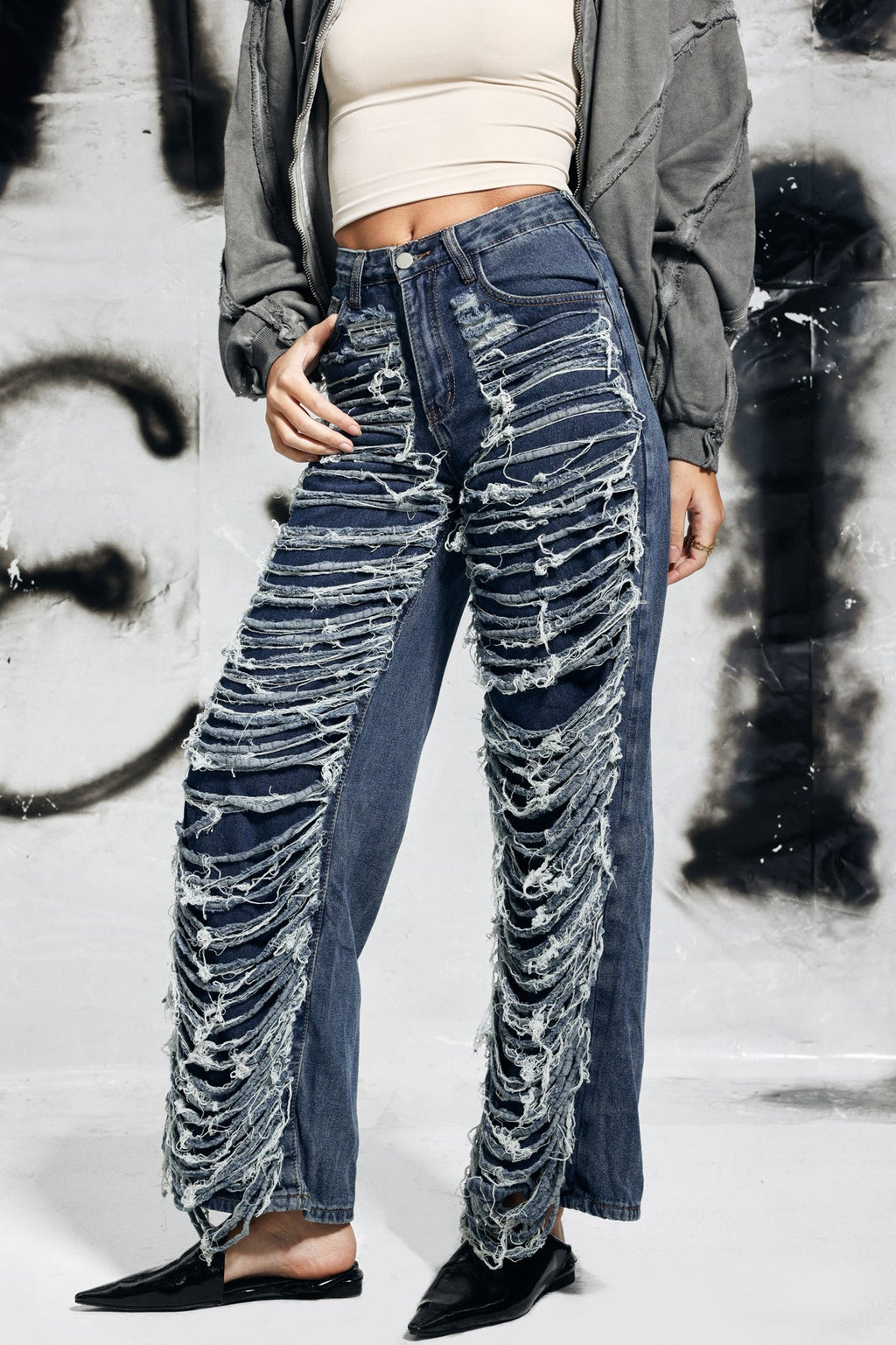 Campbell Torn Fringe Jeans In Blue
