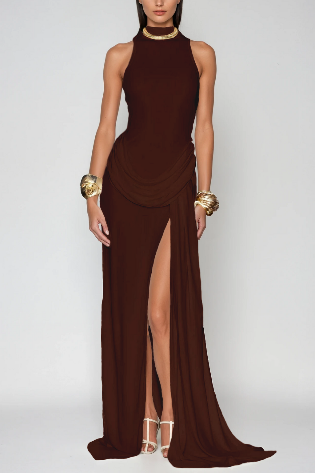 Canaan Ruch Sleeveless Split Maxi Dress In Brown