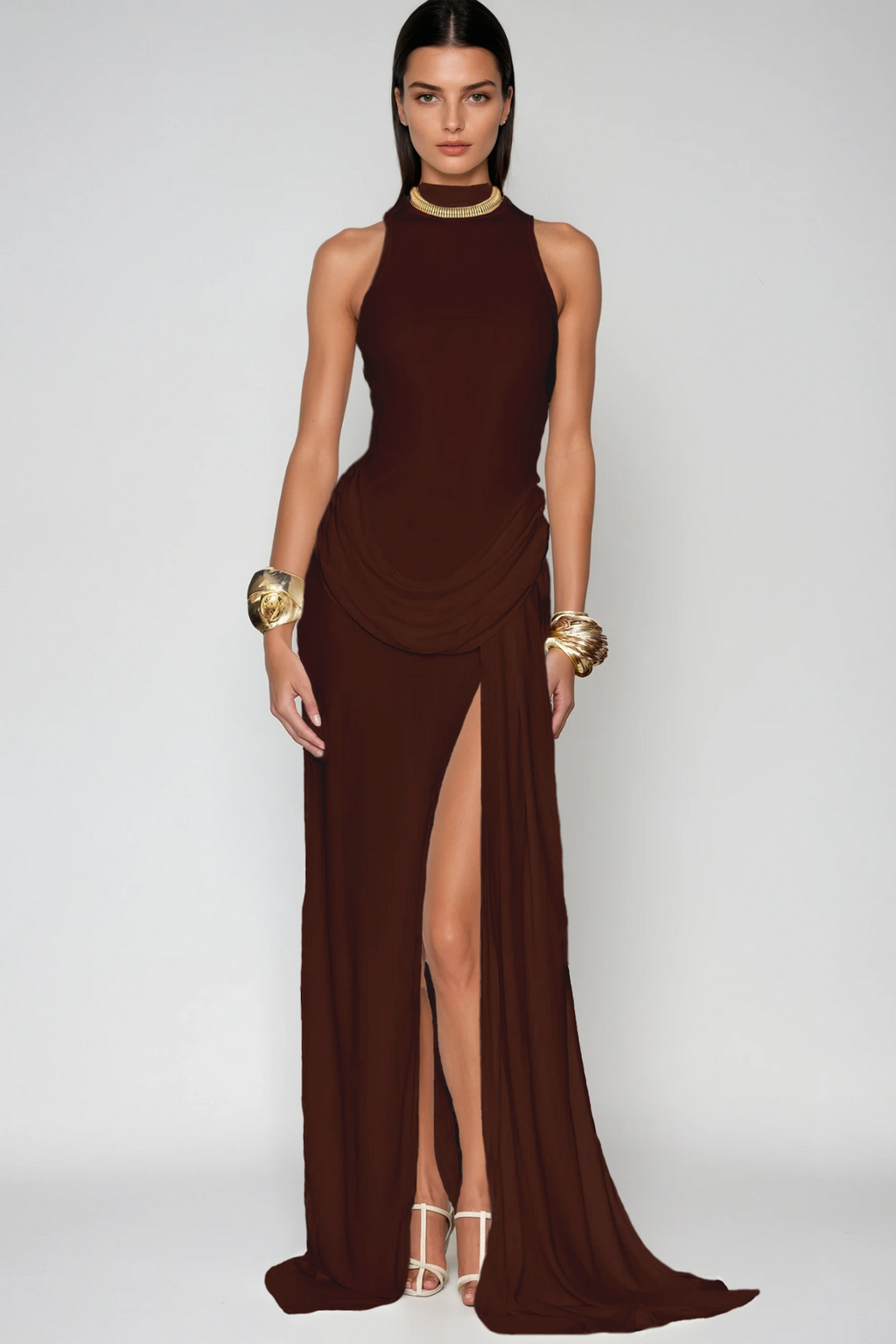 Canaan Ruch Sleeveless Split Maxi Dress In Brown