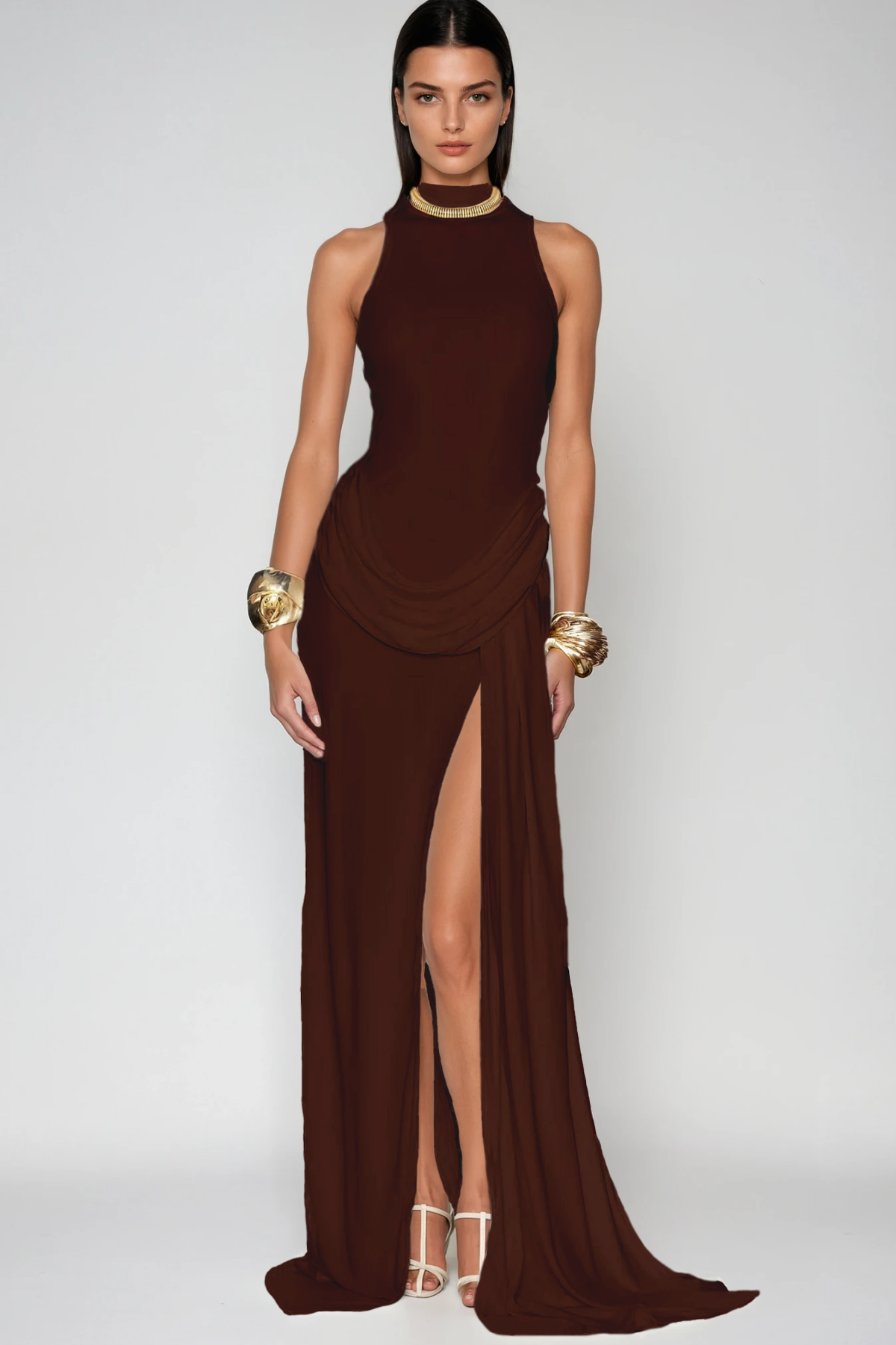 Canaan Ruch Sleeveless Split Maxi Dress In Brown