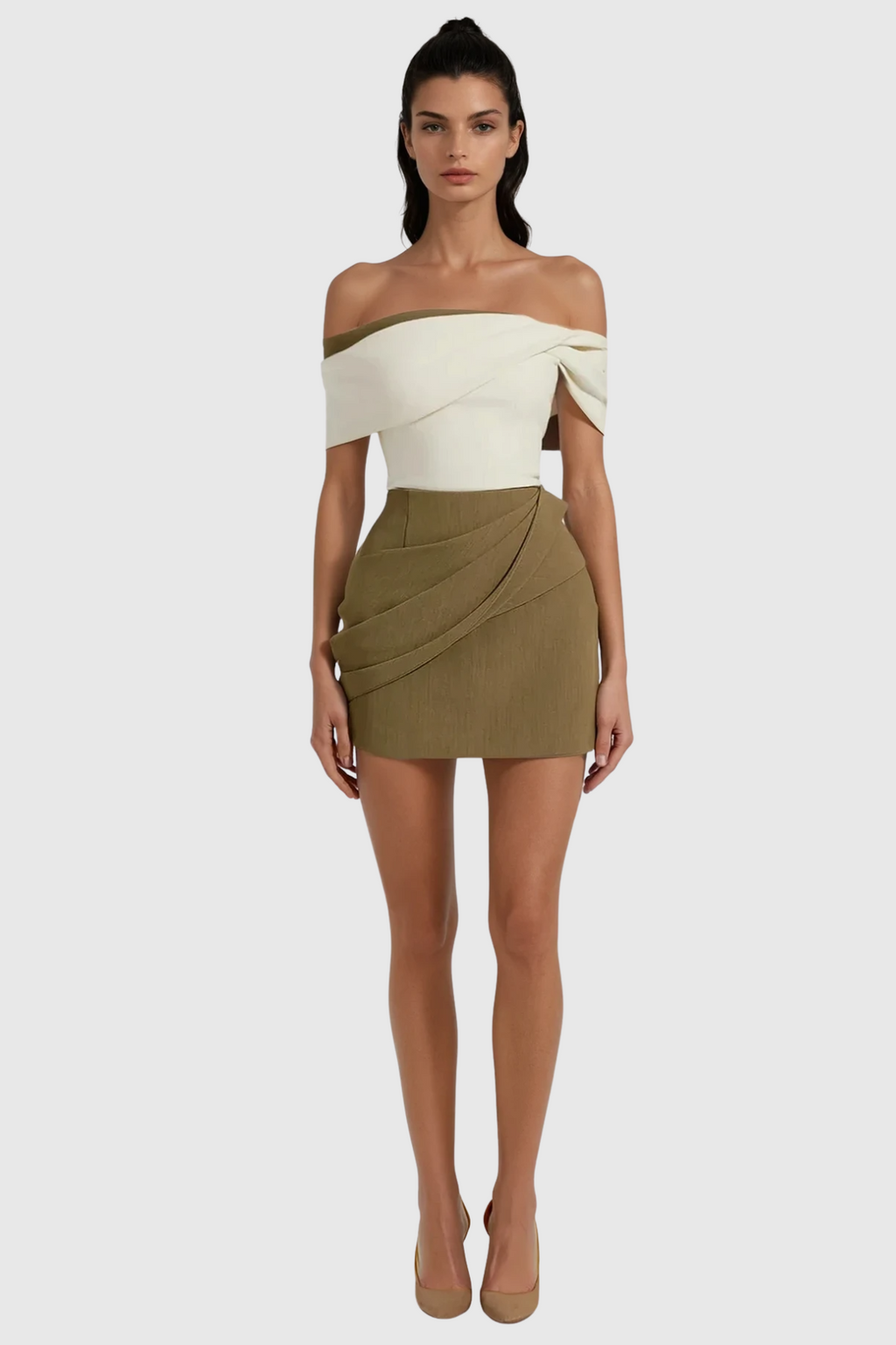 Candide Off Shoulder Ruch Mini Dress