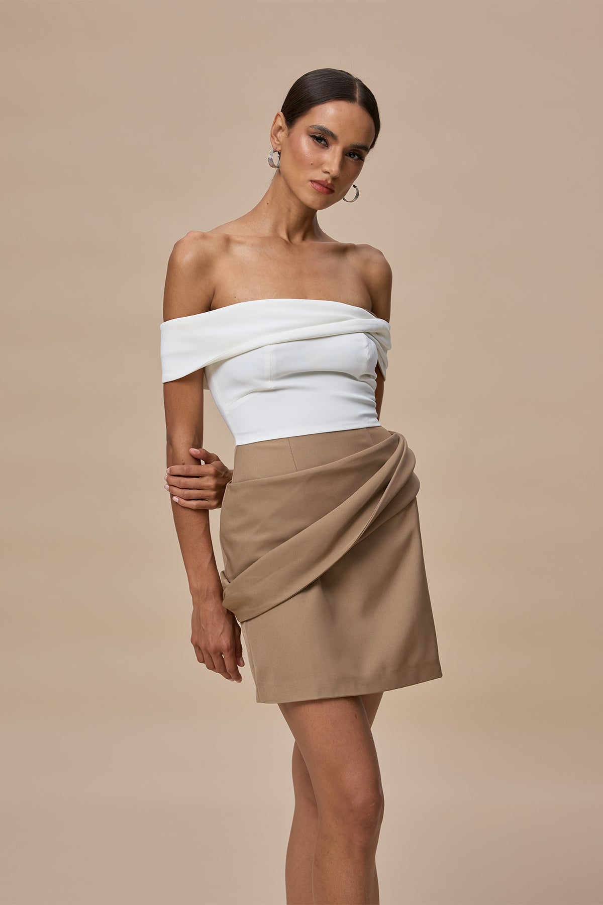 Candide Off Shoulder Ruch Mini Dress