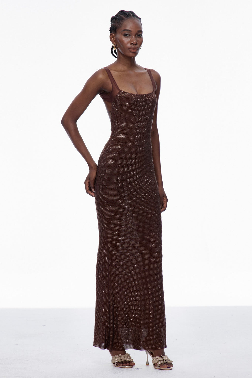 Caomh Sequin Backless Maxi Dress In Brown