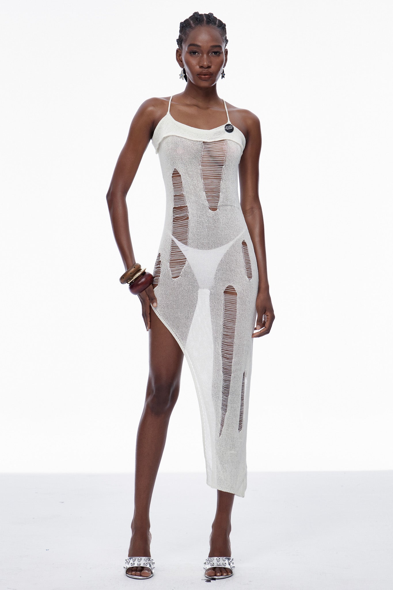 Capri Spaghetti Cutout Knit Maxi Dress In Apricot