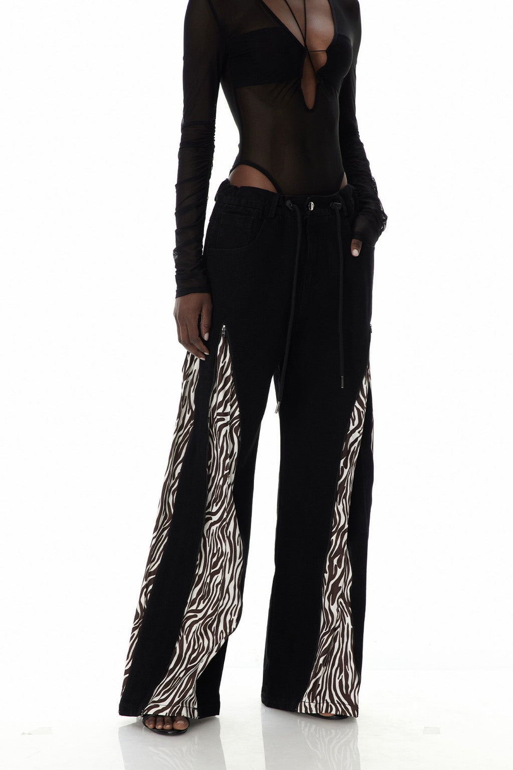 Caprina Zebra Print Zipper Jeans In Brown