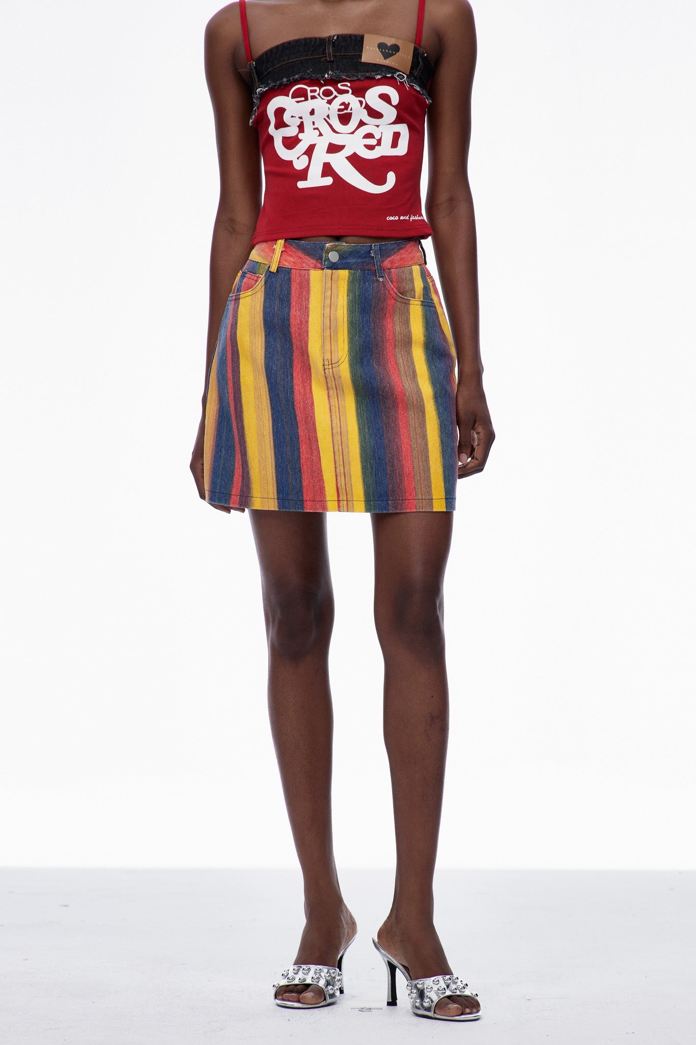 Cara Stripe Denim Mini Skirt In Red