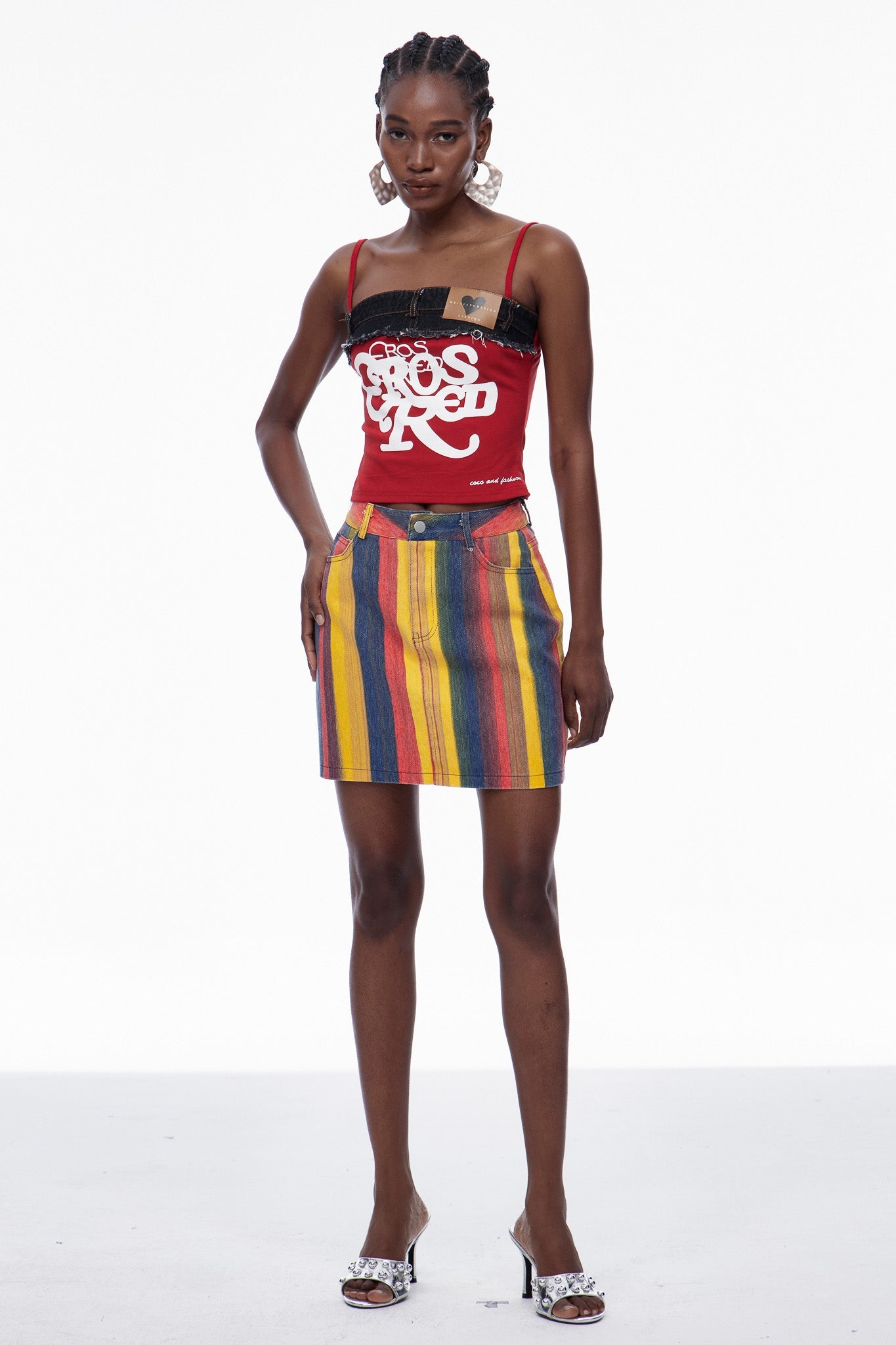 Cara Stripe Denim Mini Skirt In Red