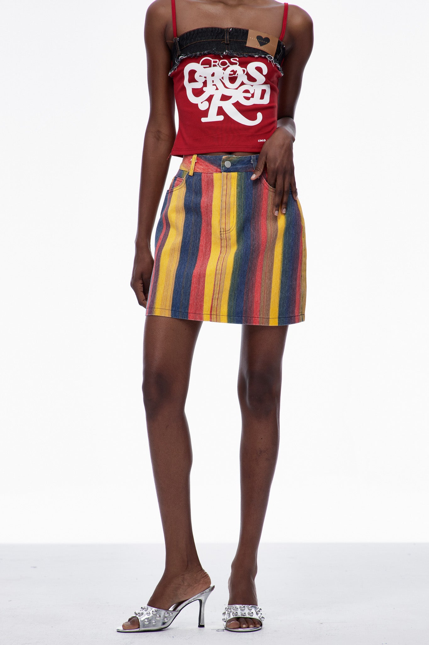 Cara Stripe Denim Mini Skirt In Red