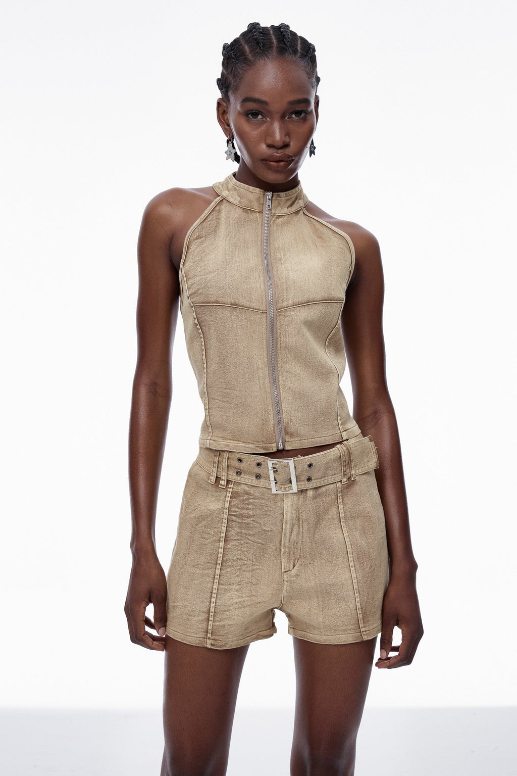 Caramia Sleeveless Buckle Denim Pants Set