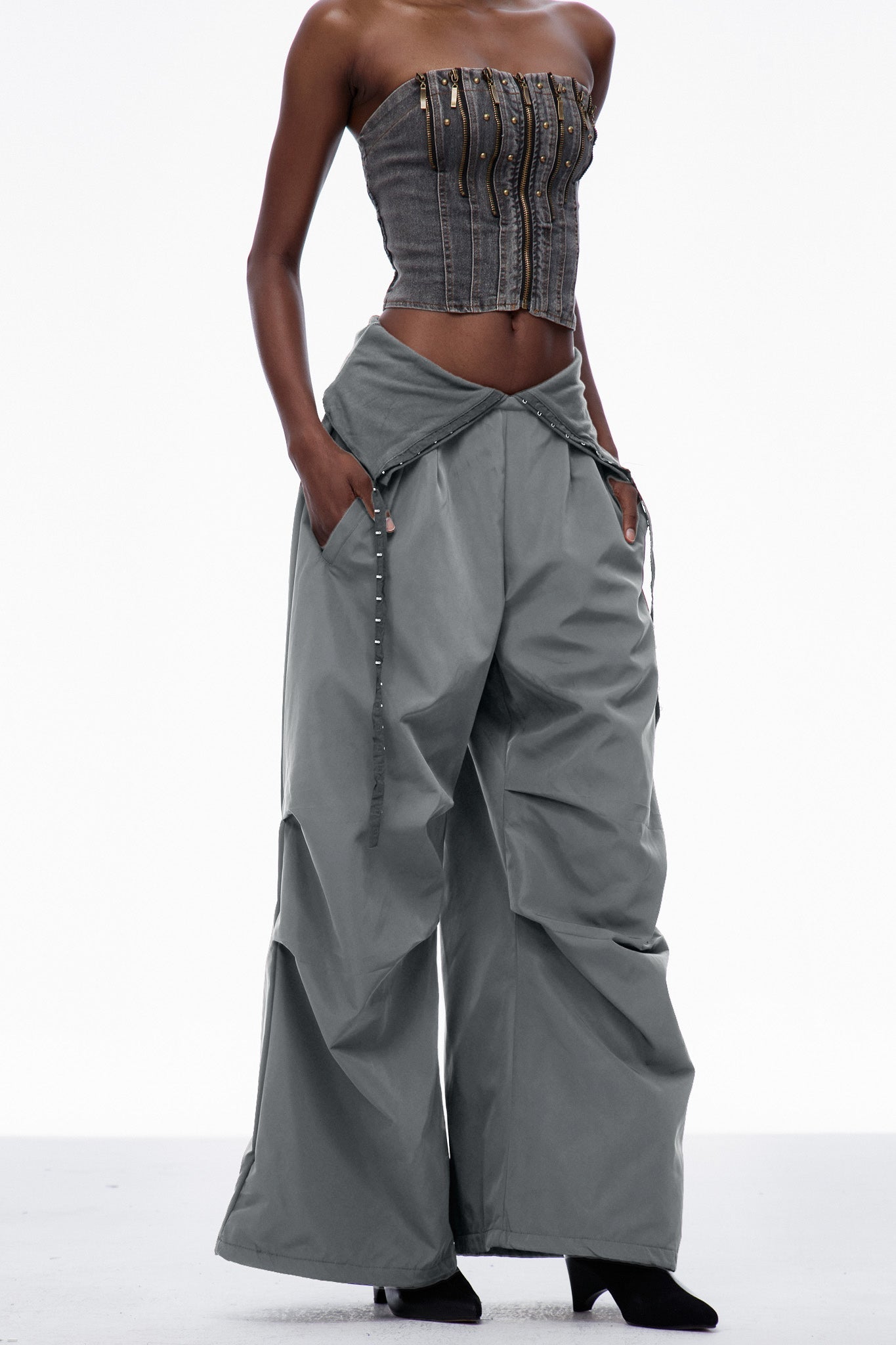 Carissa Lapel Wide Pants In Grey