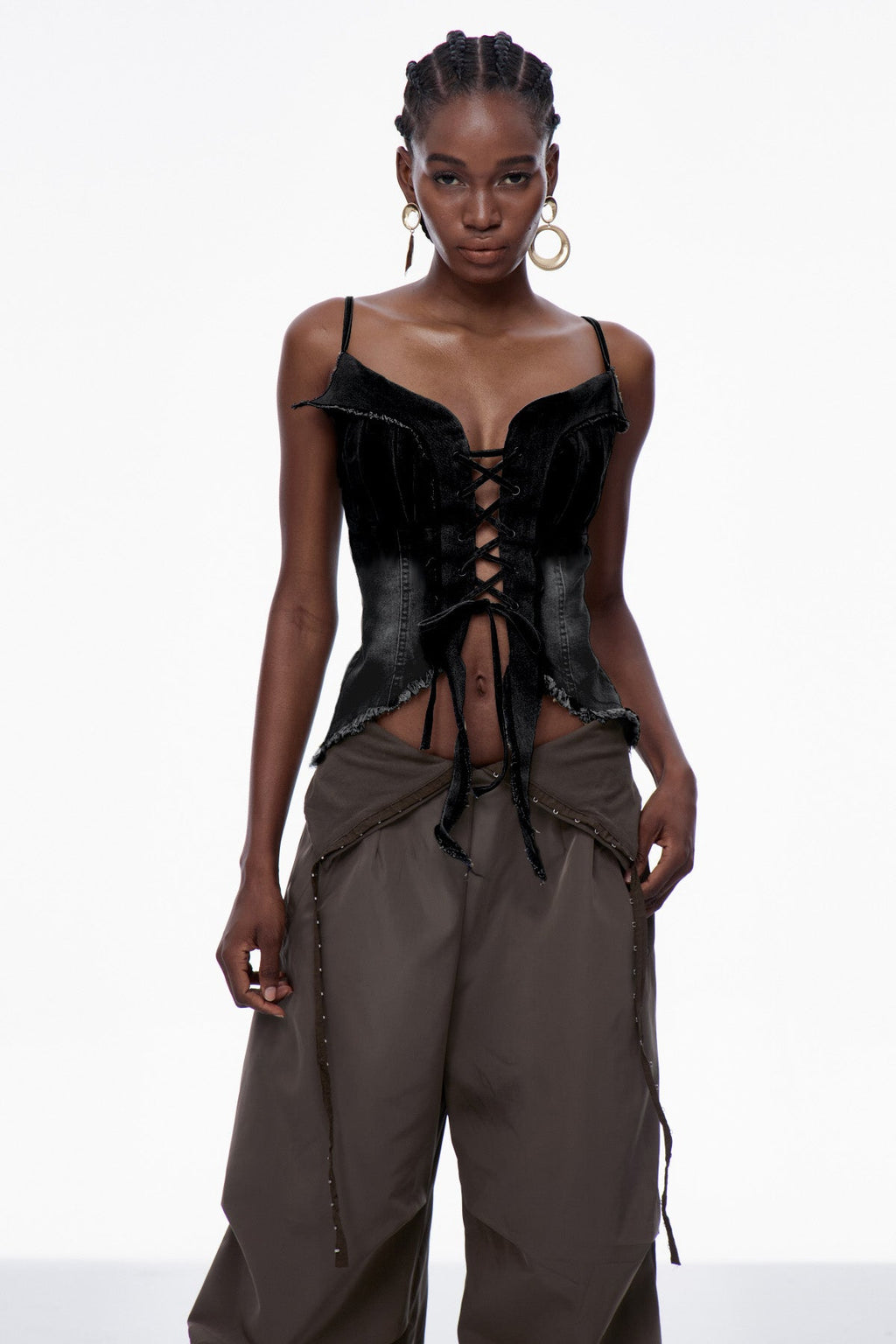 Carl Lace Up Fringe Denim Top In Black