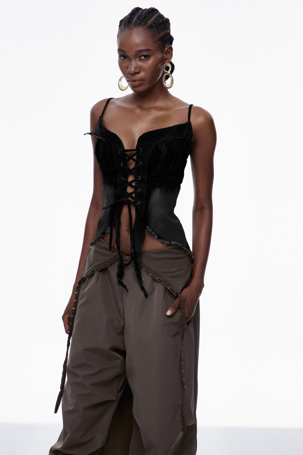 Carl Lace Up Fringe Denim Top In Black