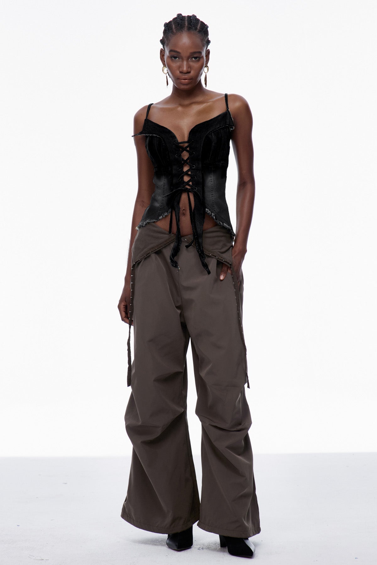 Carl Lace Up Fringe Denim Top In Black