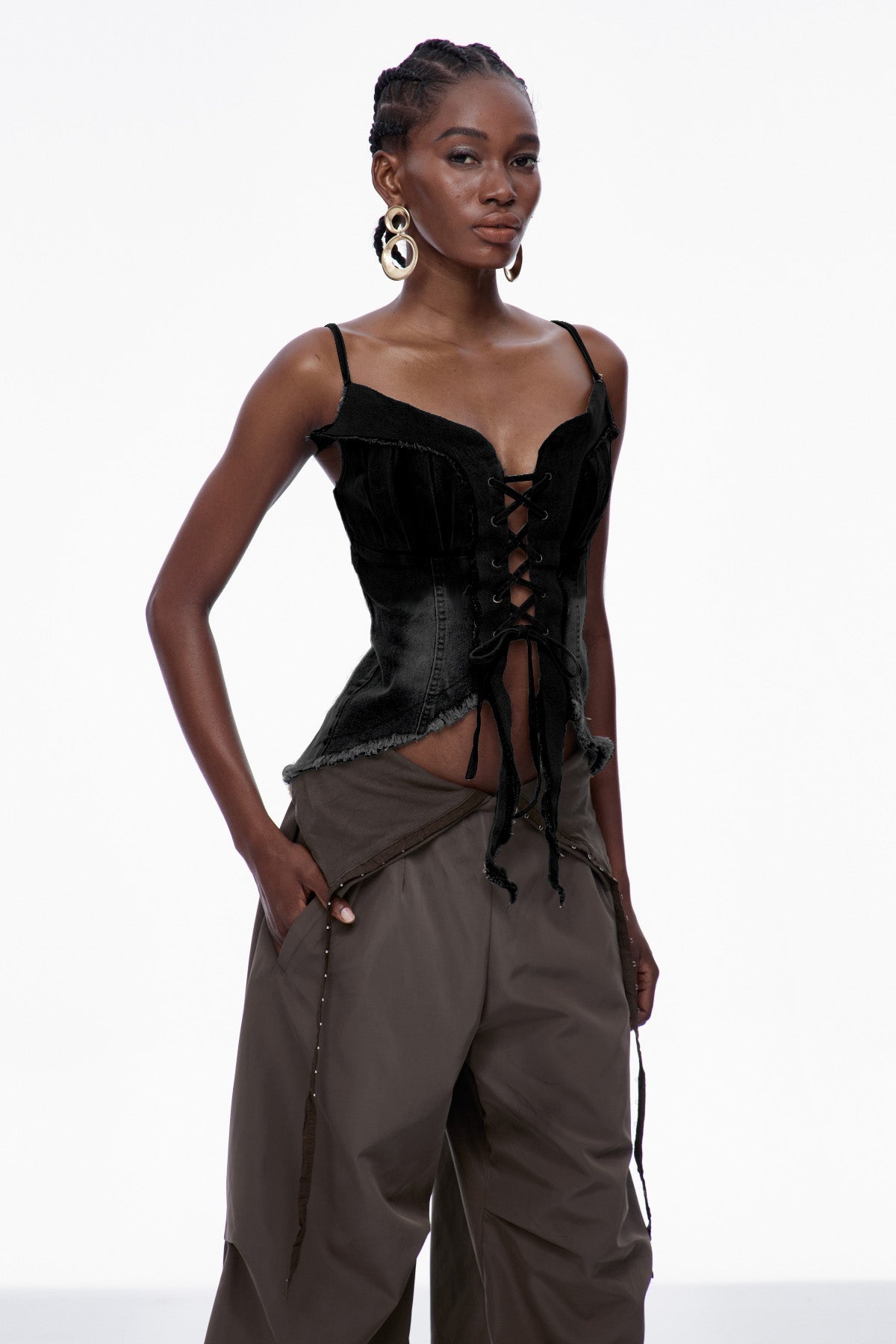 Carl Lace Up Fringe Denim Top In Black