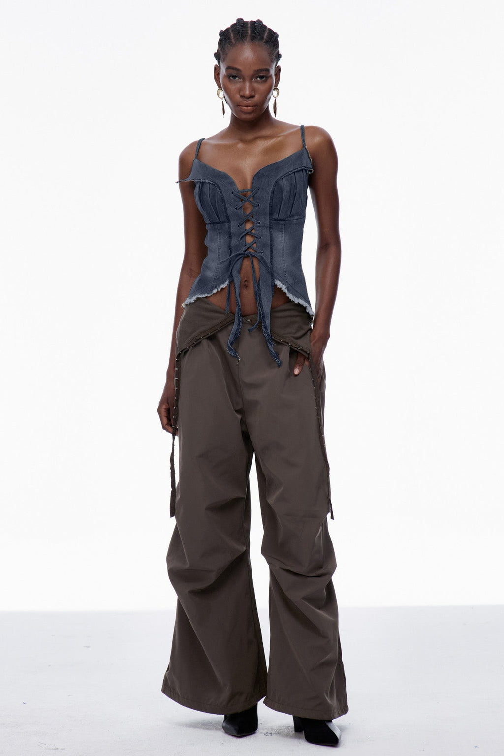 Carl Lace Up Fringe Denim Top In Deep Blue