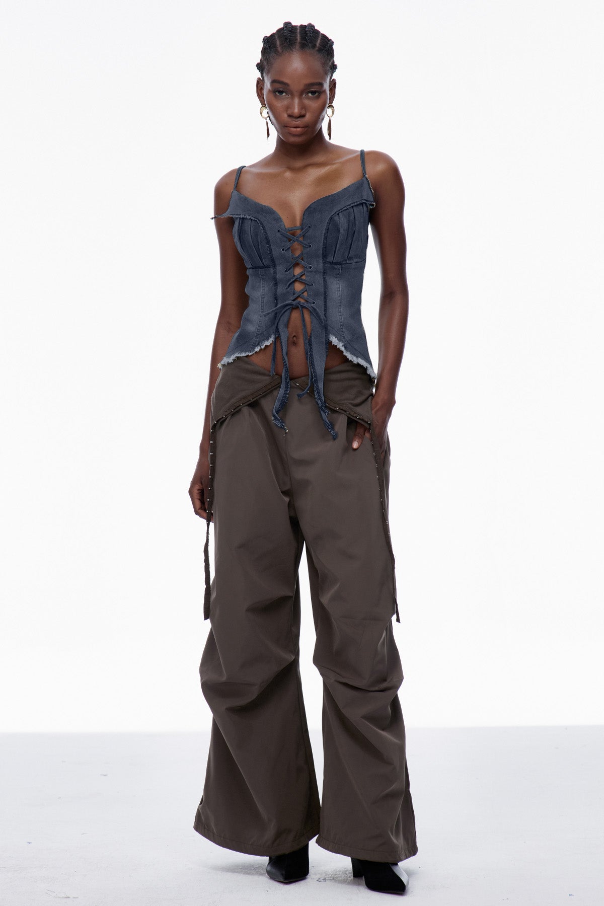 Carl Lace Up Fringe Denim Top In Deep Blue