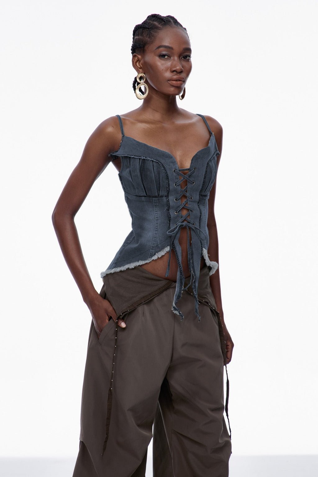 Carl Lace Up Fringe Denim Top In Deep Blue