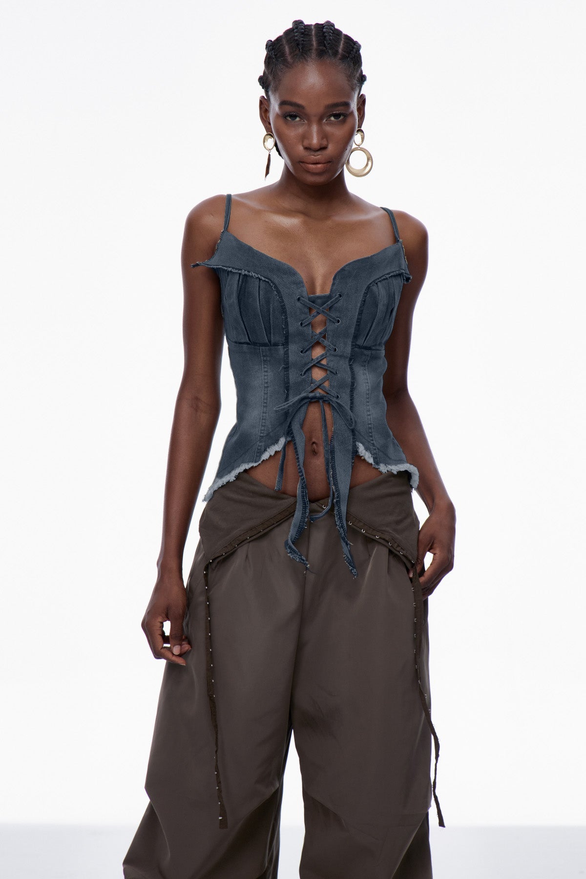 Carl Lace Up Fringe Denim Top In Deep Blue