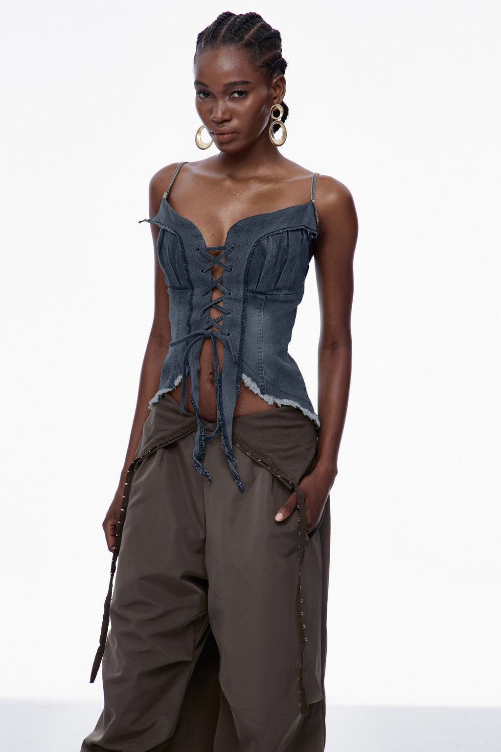 Carl Lace Up Fringe Denim Top In Deep Blue