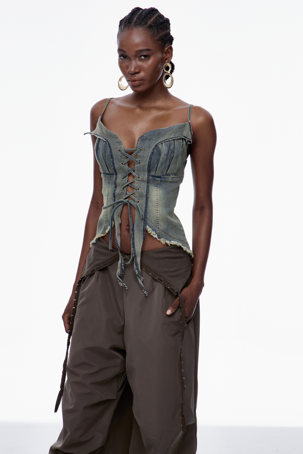 Carl Lace Up Fringe Denim Top