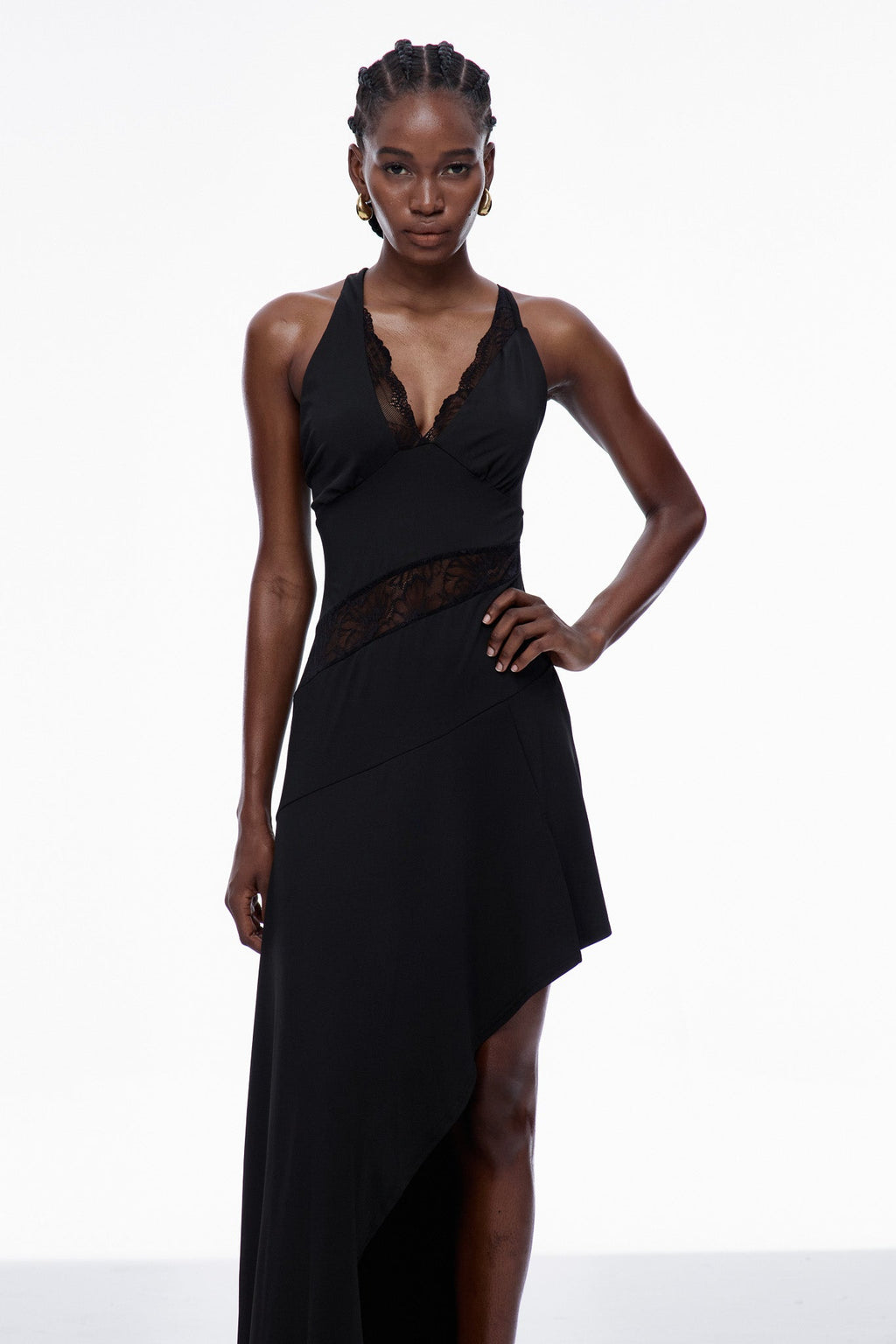 Carlota One Shouder Lace Asymmetric Maxi Dress