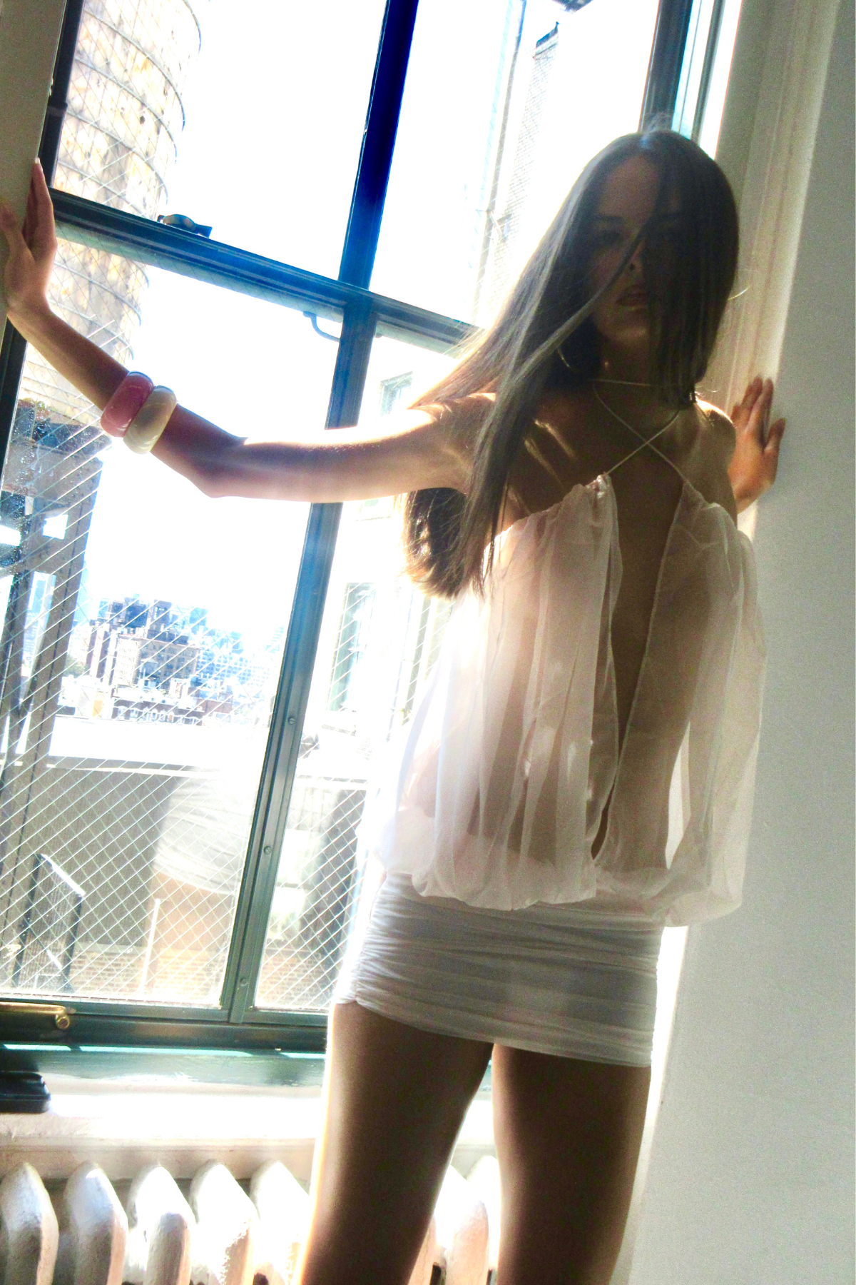 Carola Mesh Ruch Plunge Mini Dress