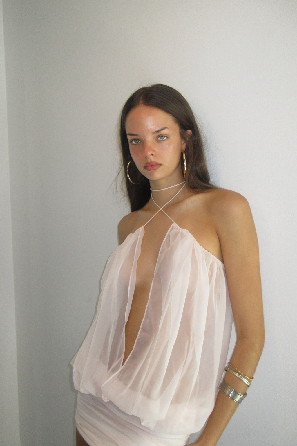 Carola Mesh Ruch Plunge Mini Dress