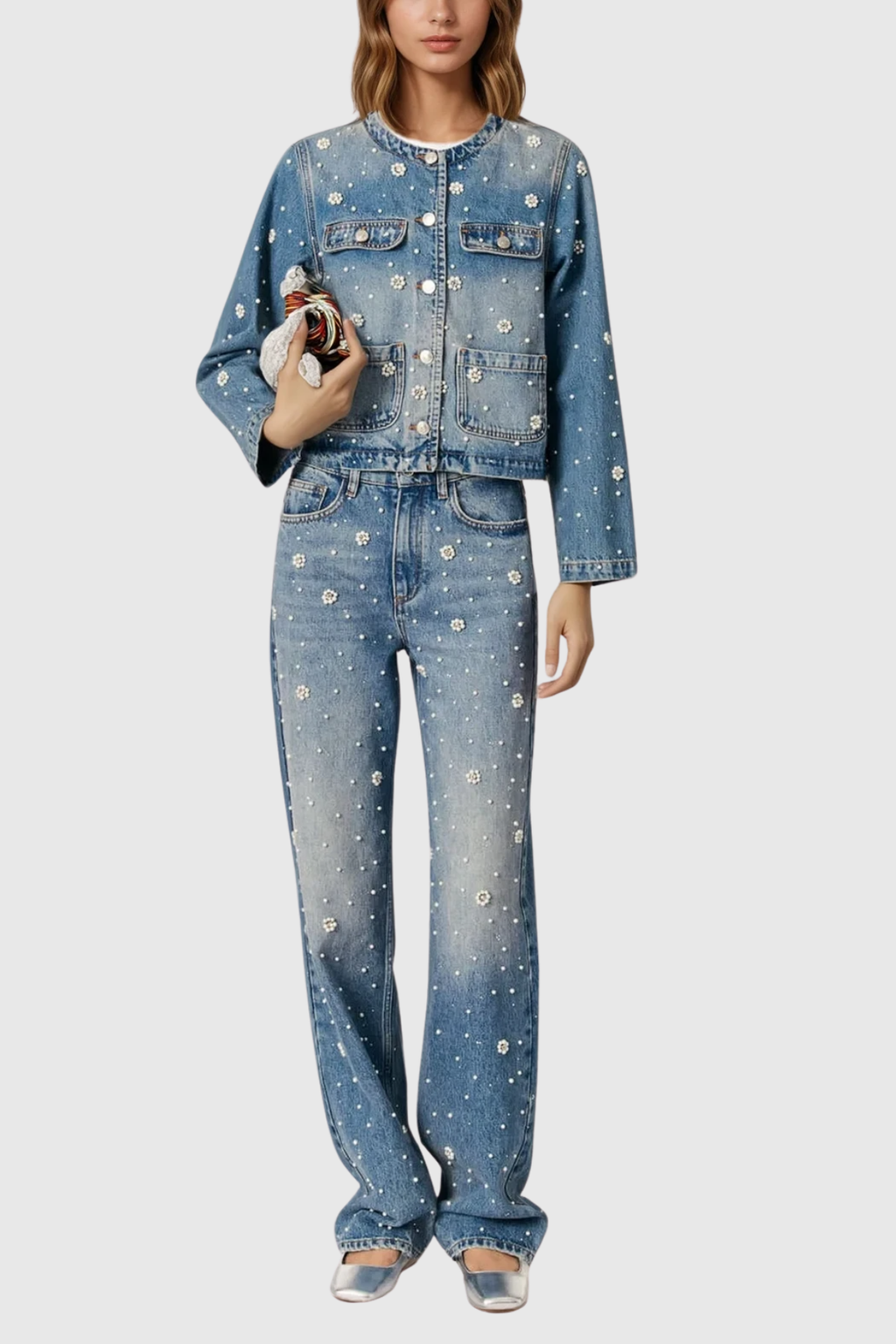 Carrie Rhinestone Pearl Denim Pants Set