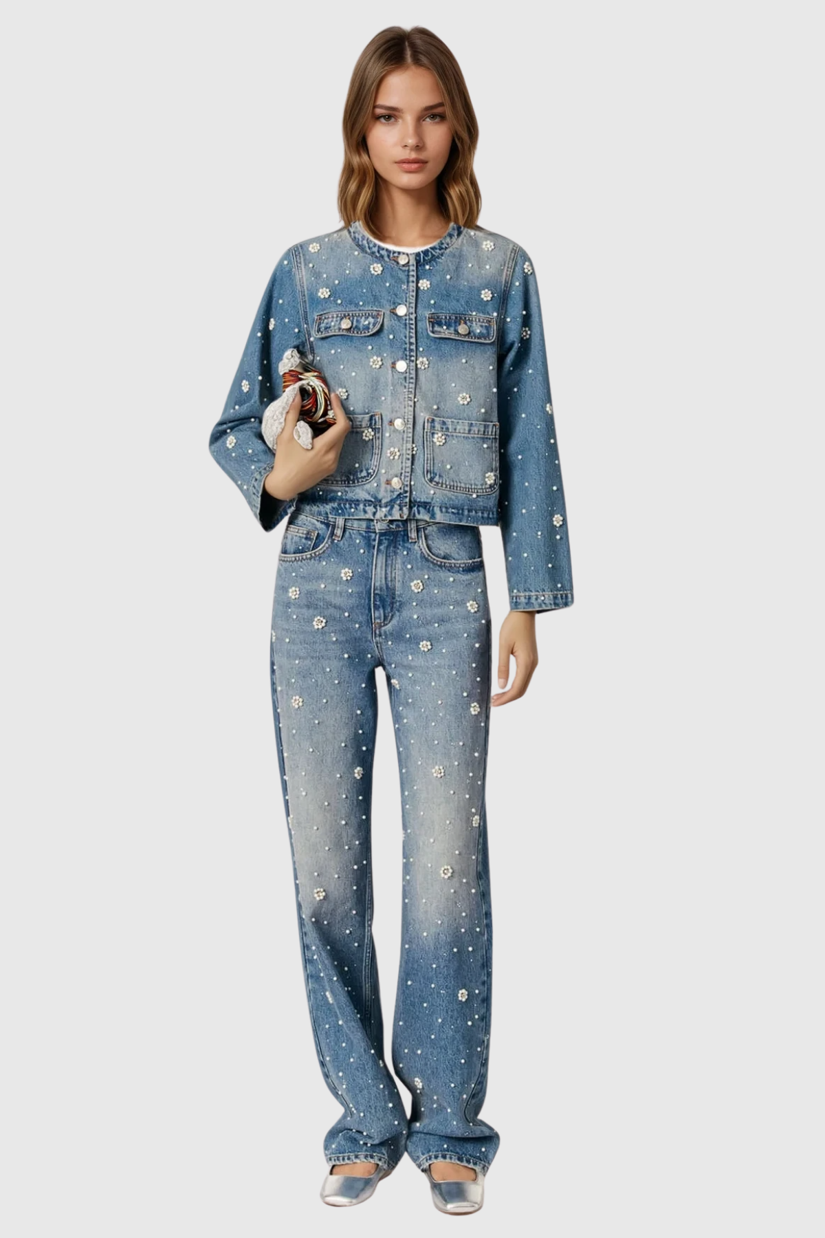 Carrie Rhinestone Pearl Denim Pants Set