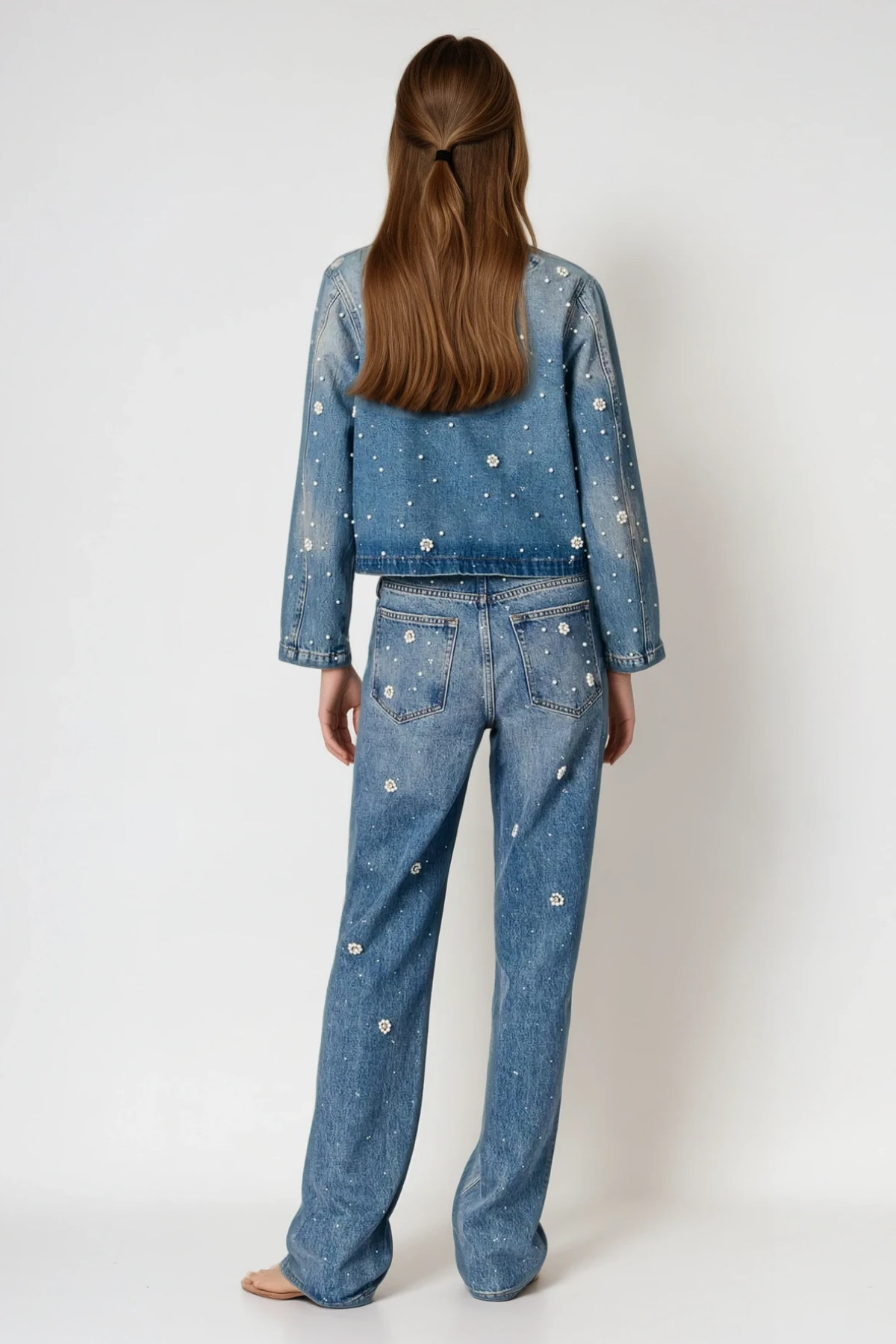 Carrie Rhinestone Pearl Denim Pants Set