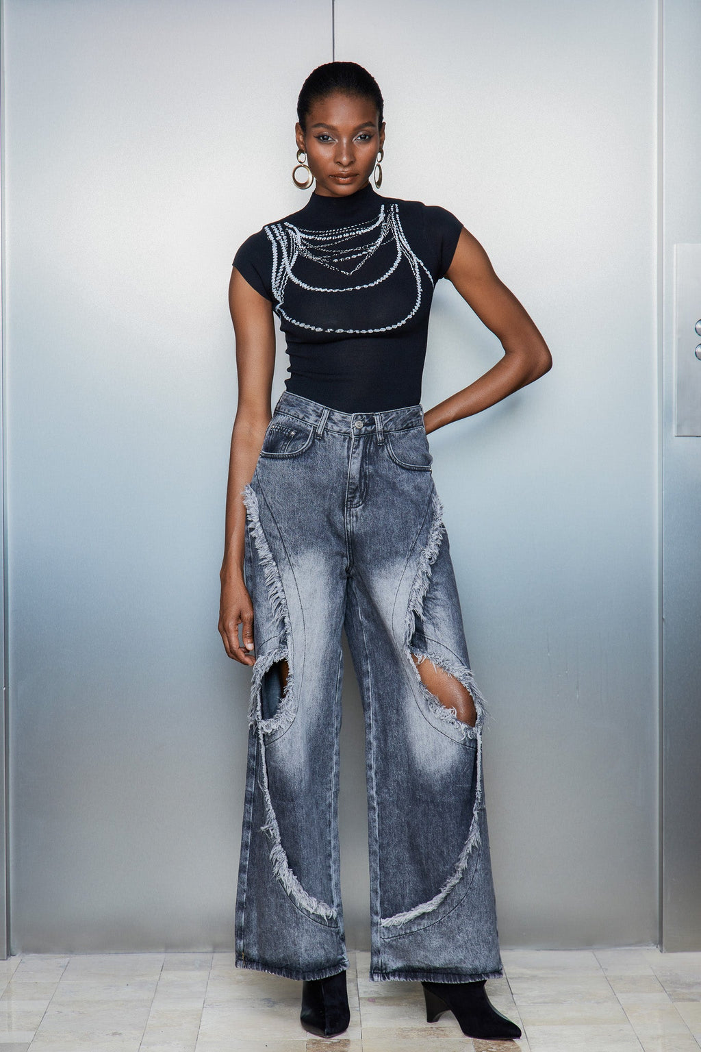 Cas Cutout Deconstruct Fringe Jeans In Black