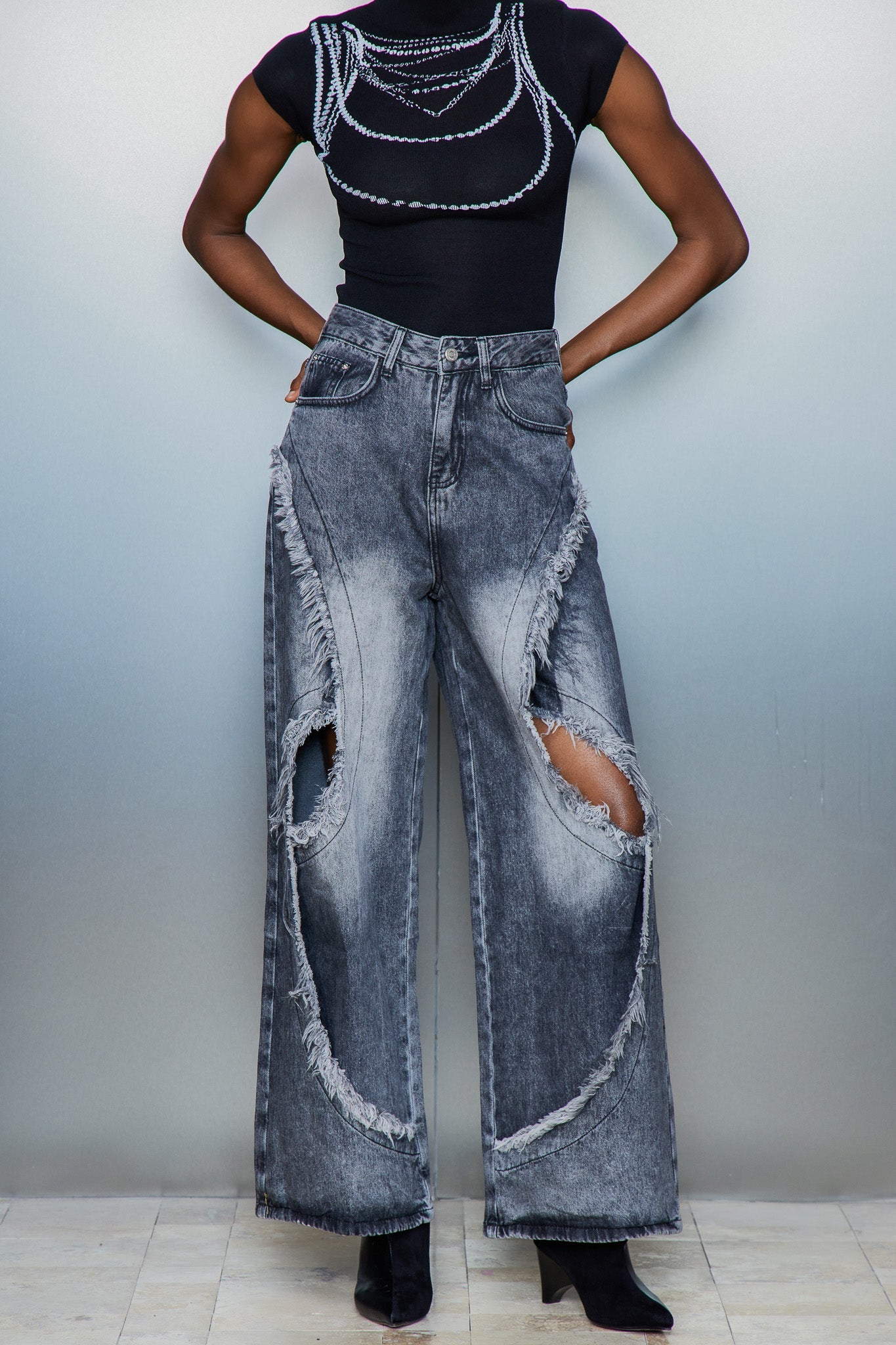 Cas Cutout Deconstruct Fringe Jeans In Black