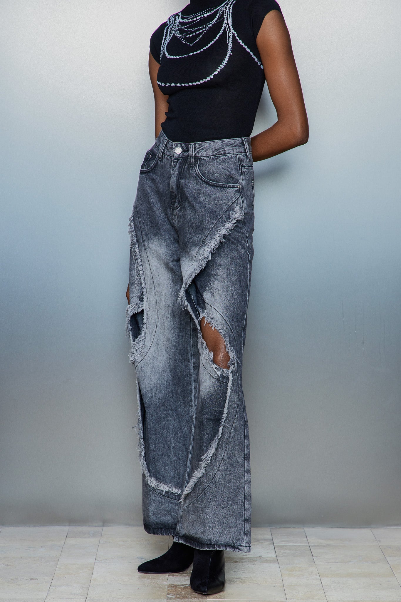 Cas Cutout Deconstruct Fringe Jeans In Black